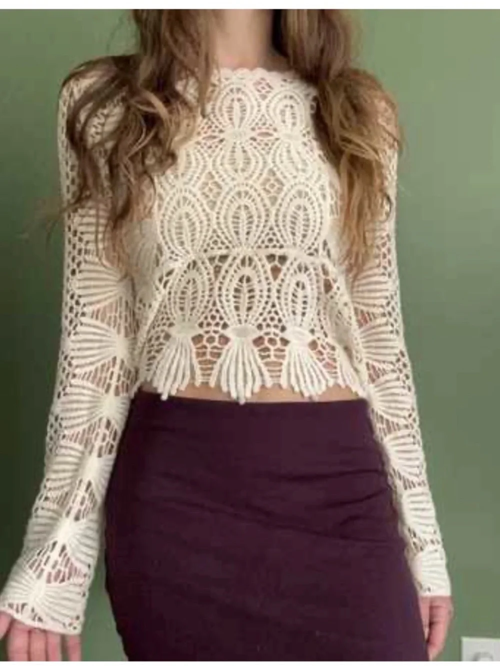 Rebellion Crochet Fringe Long-Sleeve Crop Top in Cream - Picture 3 of 8